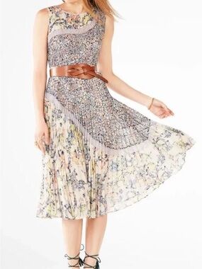 New BCBG Camilla Micro Floral Pleated Dress Gown